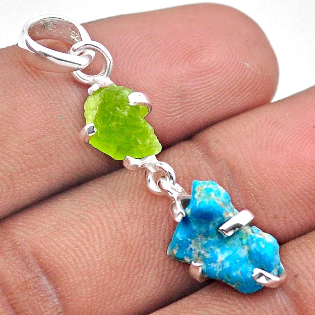 7.44cts natural sleeping beauty turquoise peridot rough 925 silver pendant u9933