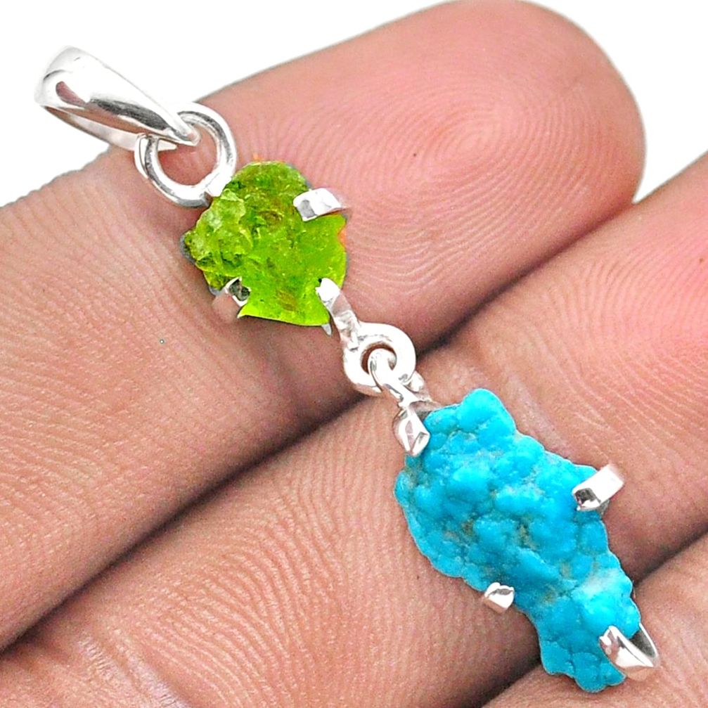 7.44cts natural sleeping beauty turquoise peridot rough 925 silver pendant u9954