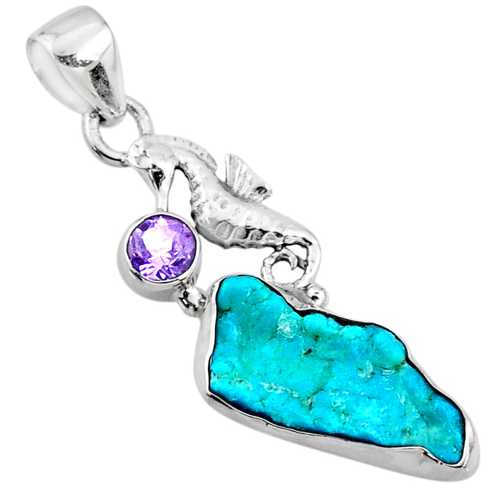 8.84cts natural sleeping beauty turquoise raw silver seahorse pendant r66940