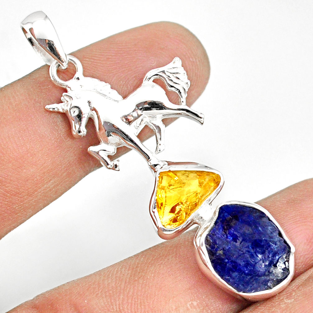 11.93cts natural tanzanite raw citrine rough 925 silver horse pendant r80823