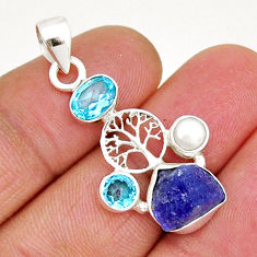 6.72cts natural tanzanite rough topaz pearl silver tree of life pendant y7817