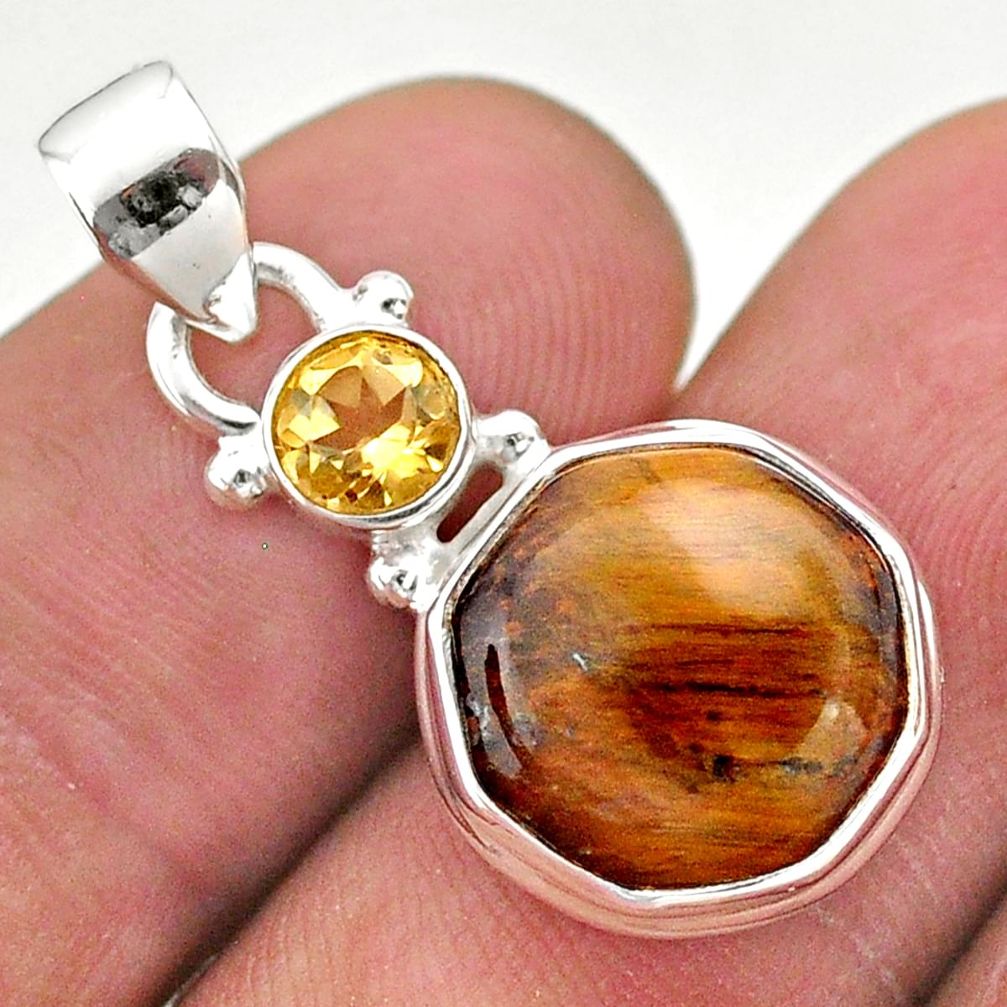 6.89cts natural tiger's eye citrine 925 sterling silver hexagon pendant t46495