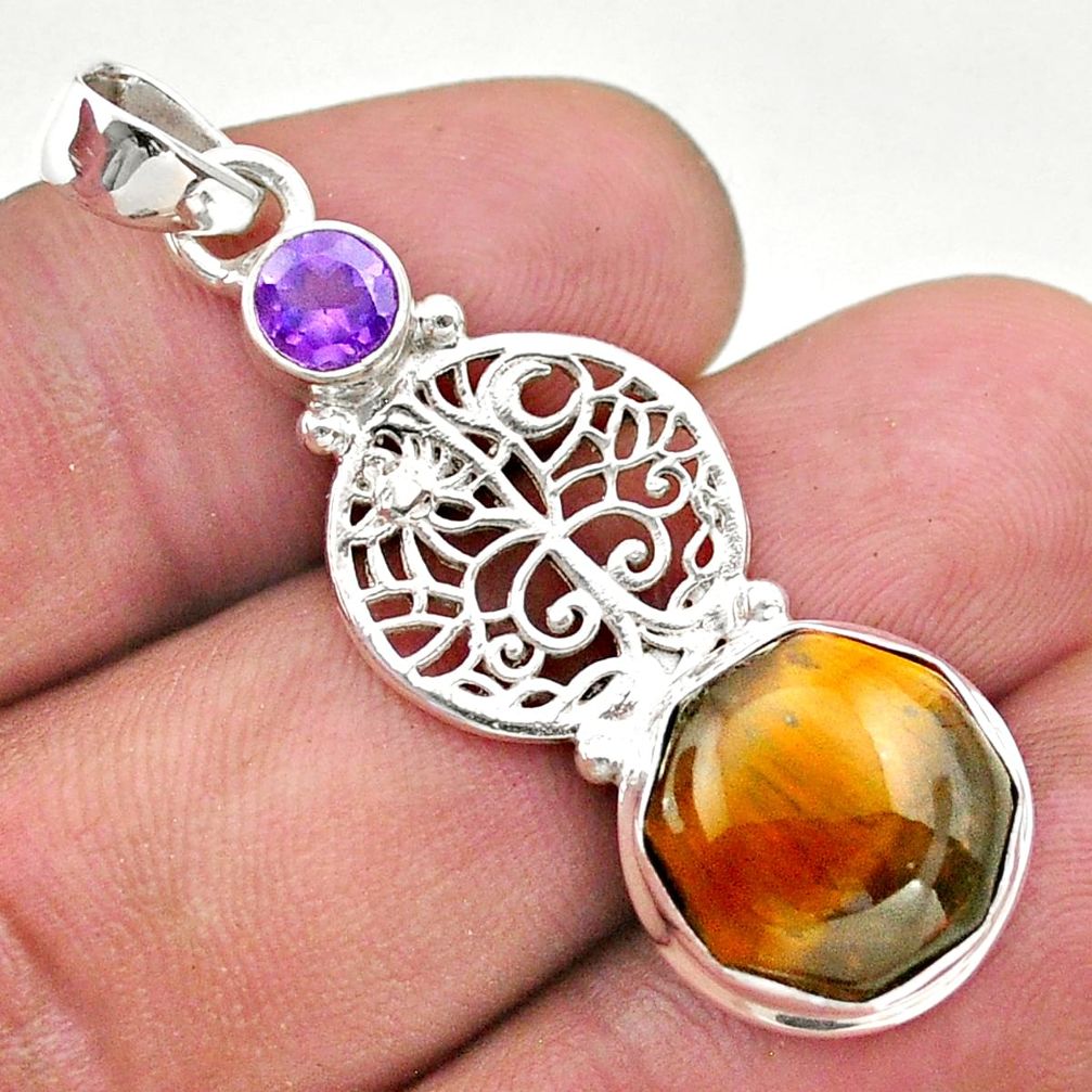 7.11cts natural tiger's eye hexagon amethyst silver tree of life pendant t46434