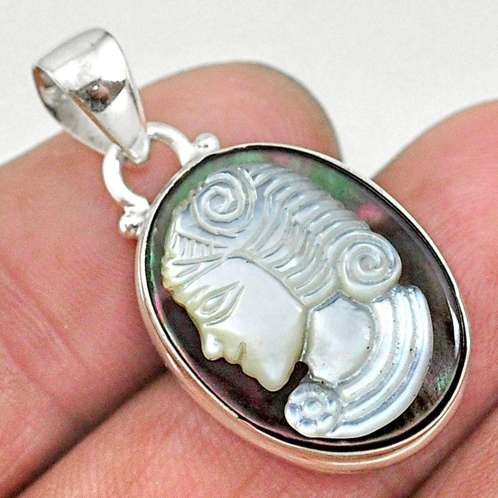 11.55cts natural titanium cameo on shell lady face 925 silver pendant t11163