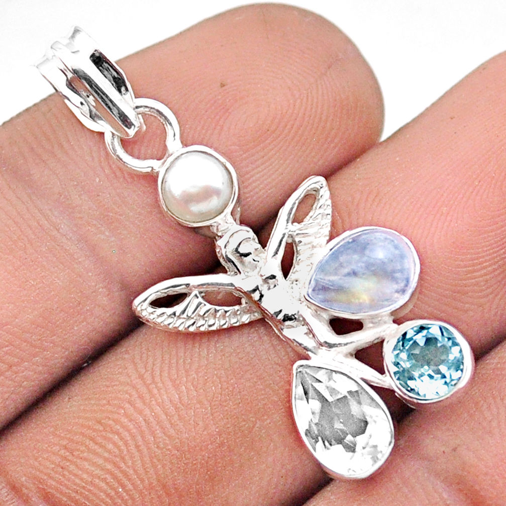 4.26cts natural topaz pearl moonstone silver angel wings fairy pendant u14668