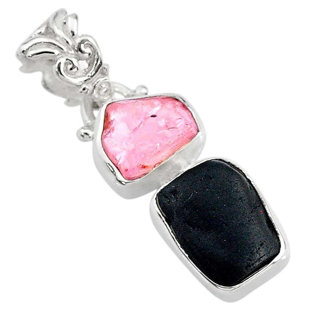 8.12cts natural tourmaline raw rose quartz rough 925 silver pendant t20902