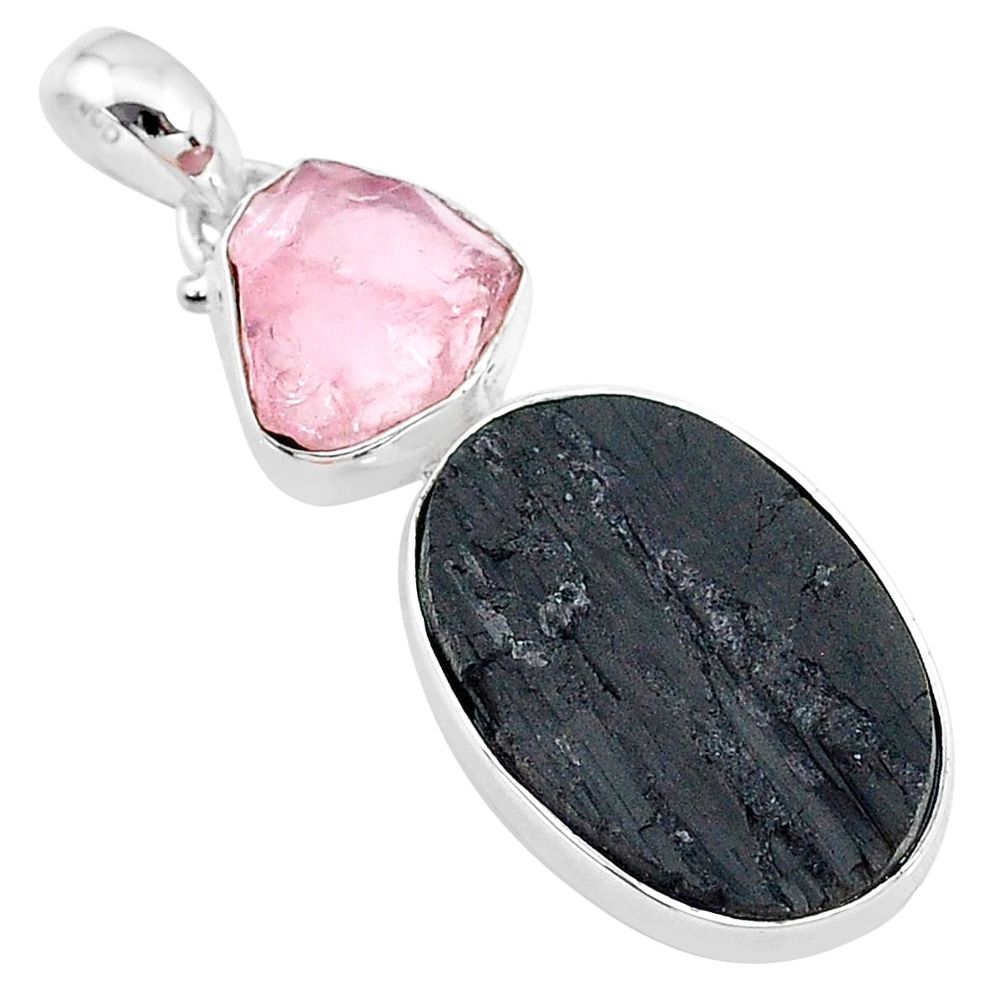 15.08cts natural tourmaline raw rose quartz rough 925 silver pendant t9808