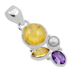 7.82cts natural tourmaline rutile amethyst citrine pearl silver pendant y86314