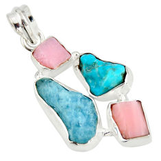 Clearance Sale- 16.54cts natural turquoise aquamarine rough pink opal 925 silver pendant r26861