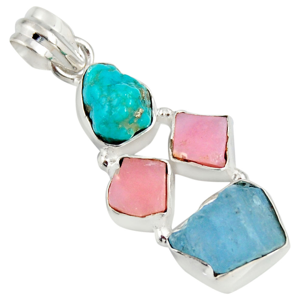 14.14cts natural turquoise aquamarine rough pink opal 925 silver pendant r26870