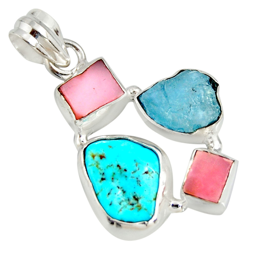 13.66cts natural turquoise aquamarine rough pink opal 925 silver pendant r26871