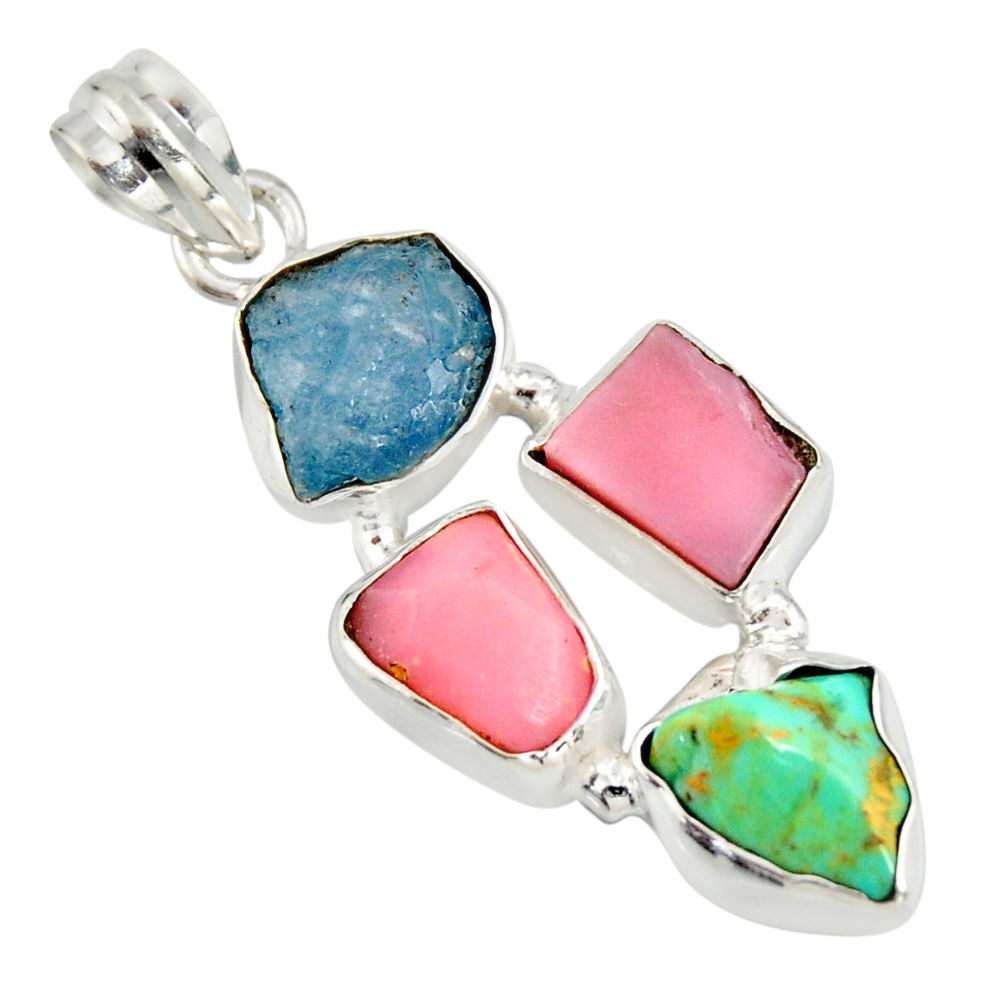 14.47cts natural turquoise aquamarine rough pink opal 925 silver pendant r26872