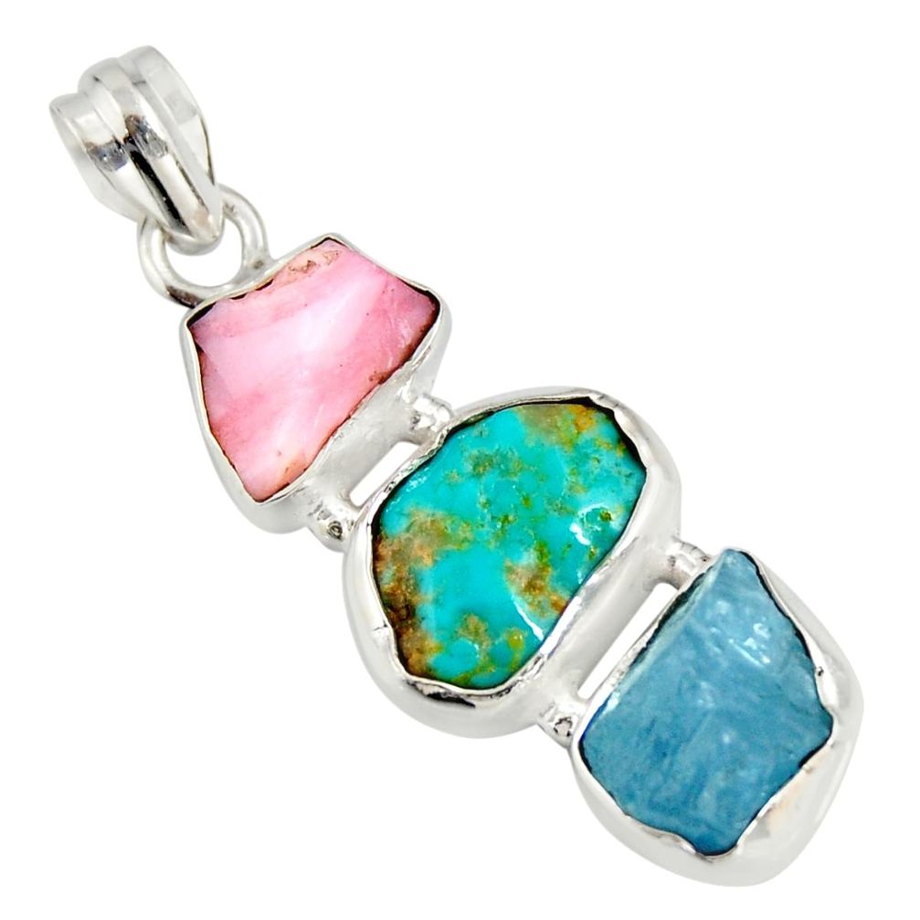 14.09cts natural turquoise aquamarine rough pink opal 925 silver pendant r26874