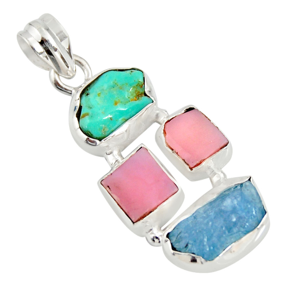 13.99cts natural turquoise aquamarine rough pink opal 925 silver pendant r26879