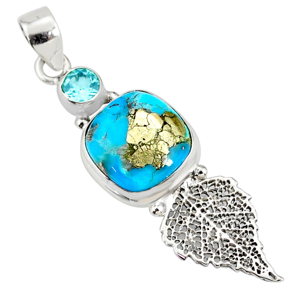 7.82cts natural turquoise pyrite 925 silver deltoid leaf pendant r78094