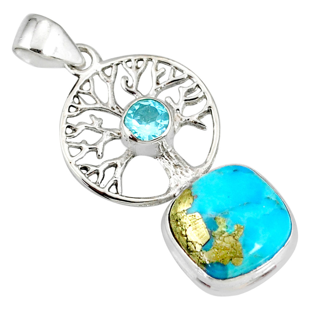 6.84cts natural turquoise pyrite 925 silver tree of life pendant r78099