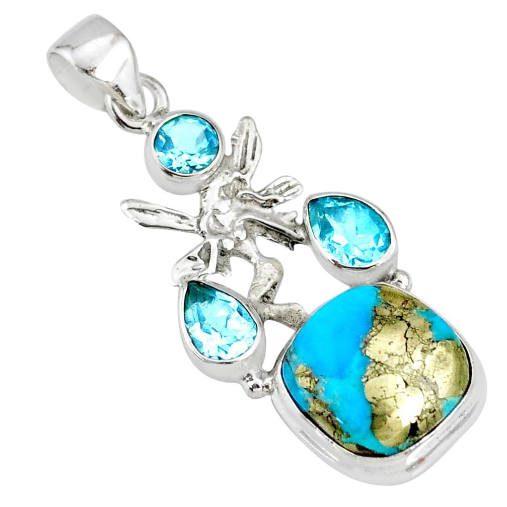 9.63cts natural turquoise pyrite silver angel wings fairy pendant r78084