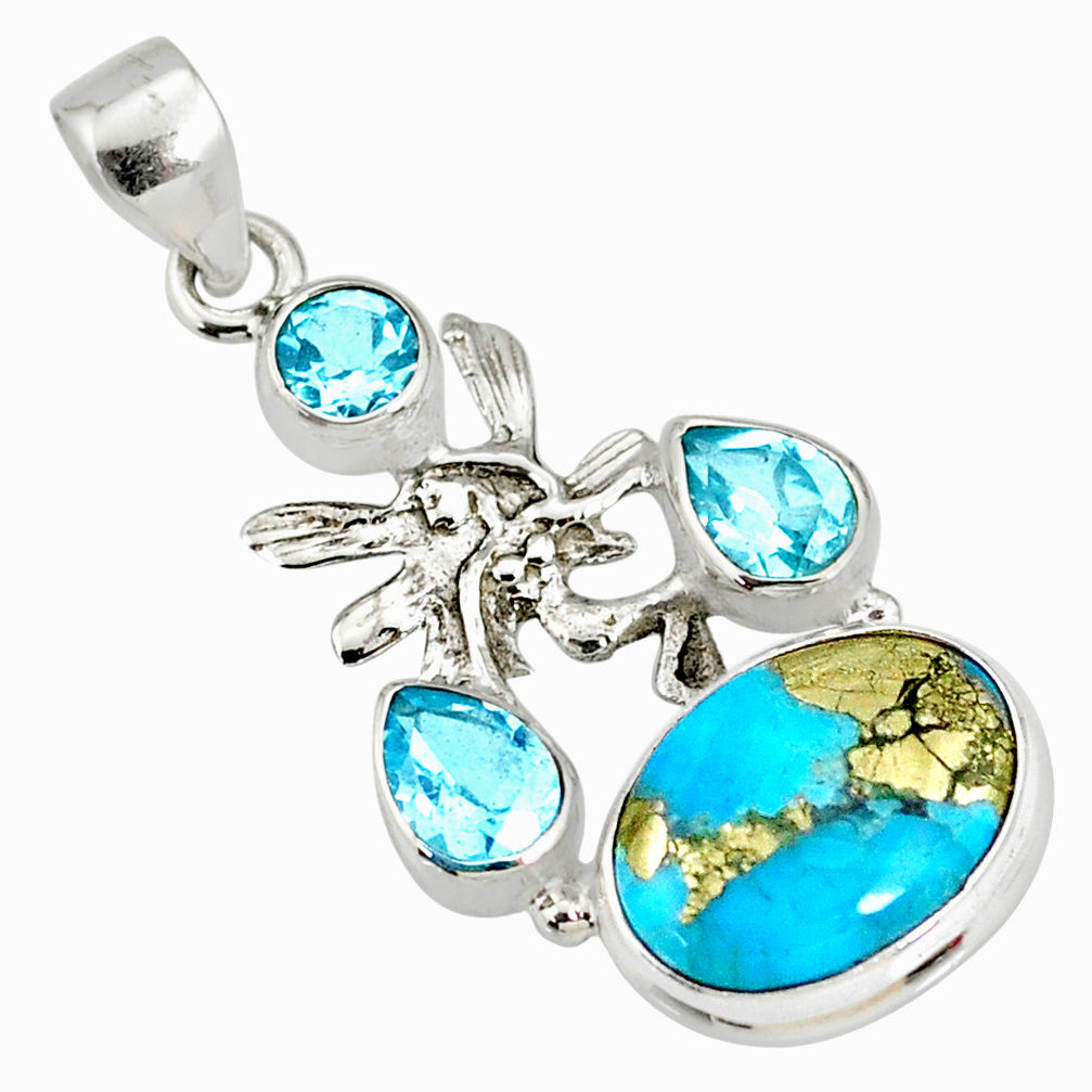 9.10cts natural turquoise pyrite silver angel wings fairy pendant r78088