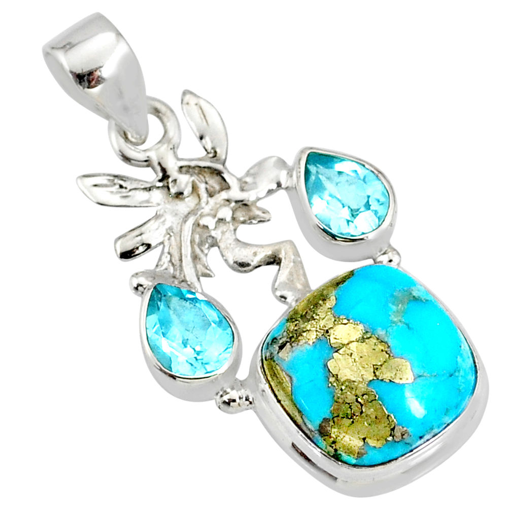 9.67cts natural turquoise pyrite silver angel wings fairy pendant r78091