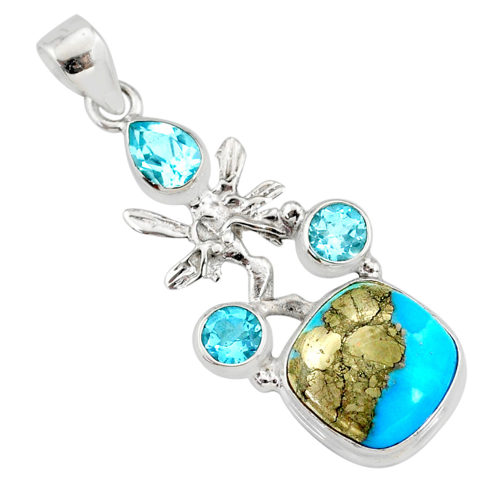 9.57cts natural turquoise pyrite silver angel wings fairy pendant r78118