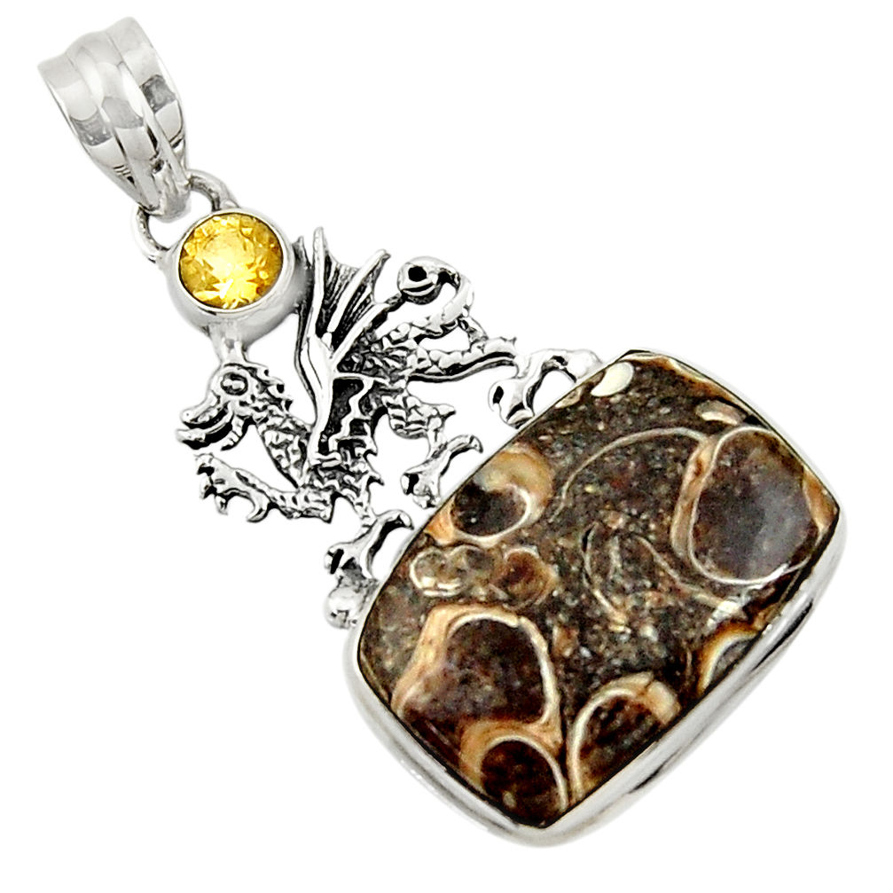  turritella fossil snail agate 925 silver dragon pendant d44599