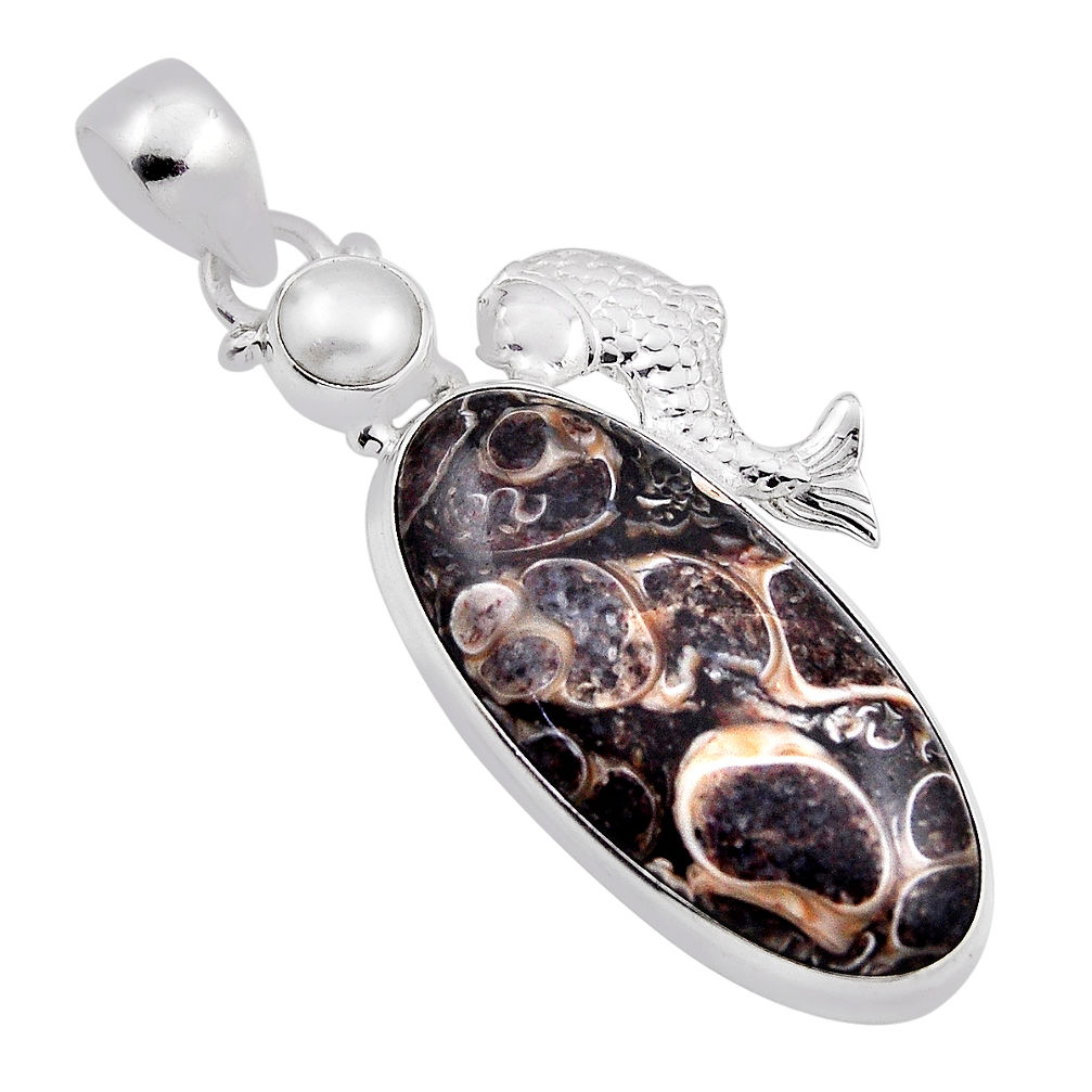 19.27cts natural turritella fossil snail agate pearl silver fish pendant n24923