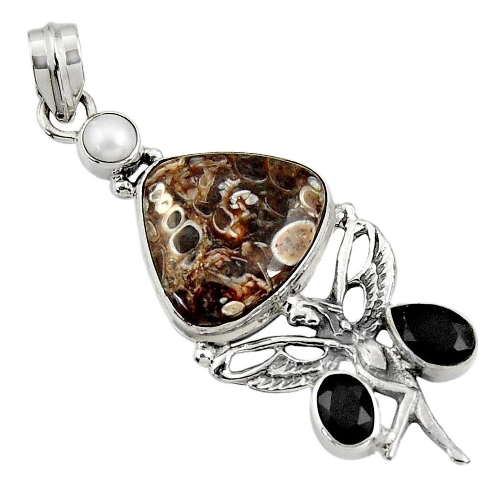 la fossil snail agate silver angel wings fairy pendant d44596