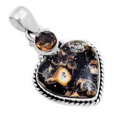 14.47cts natural turritella fossil snail agate smoky topaz silver pendant y5607