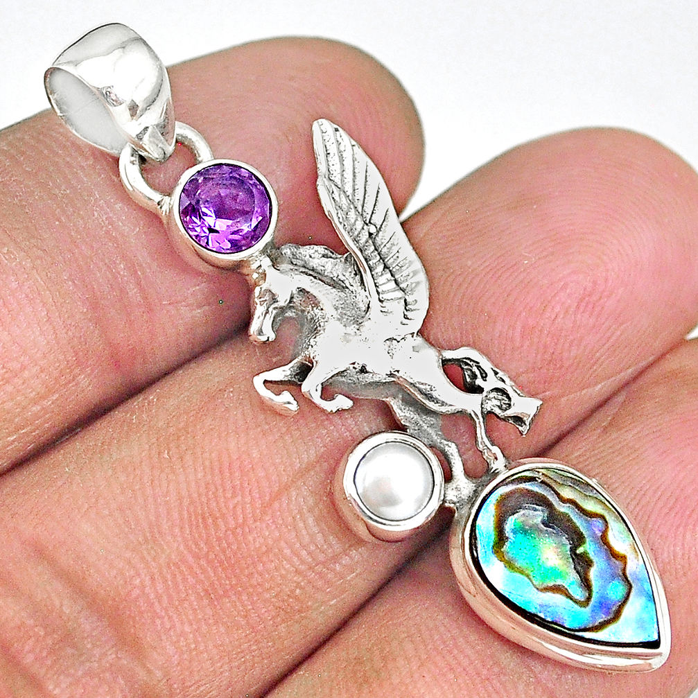 6.10cts natural unicorn abalone paua seashell amethyst 925 silver pendant r90325