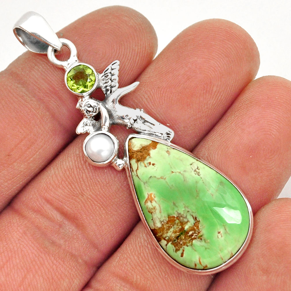 17.23cts natural variscite peridot pearl silver angel wings fairy pendant y2799