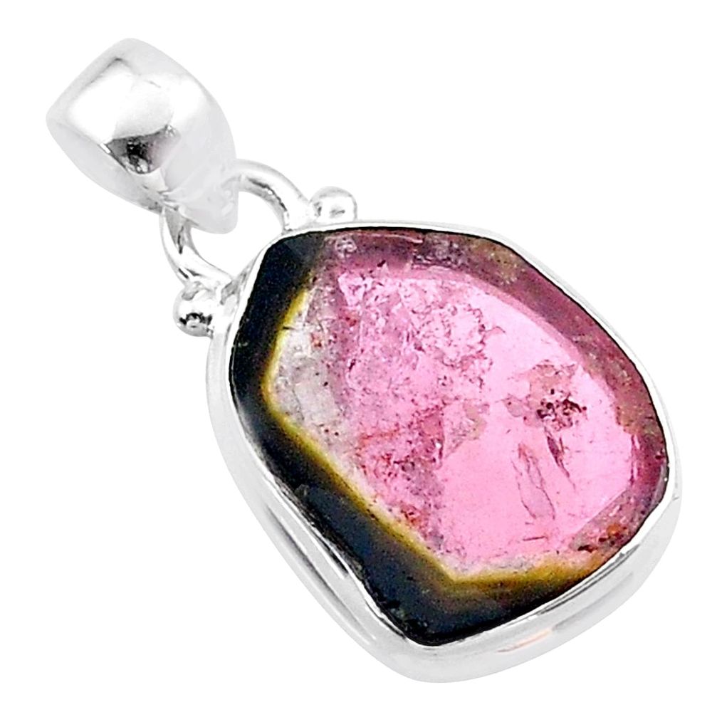 7.13cts natural watermelon tourmaline slice 925 sterling silver pendant t46362