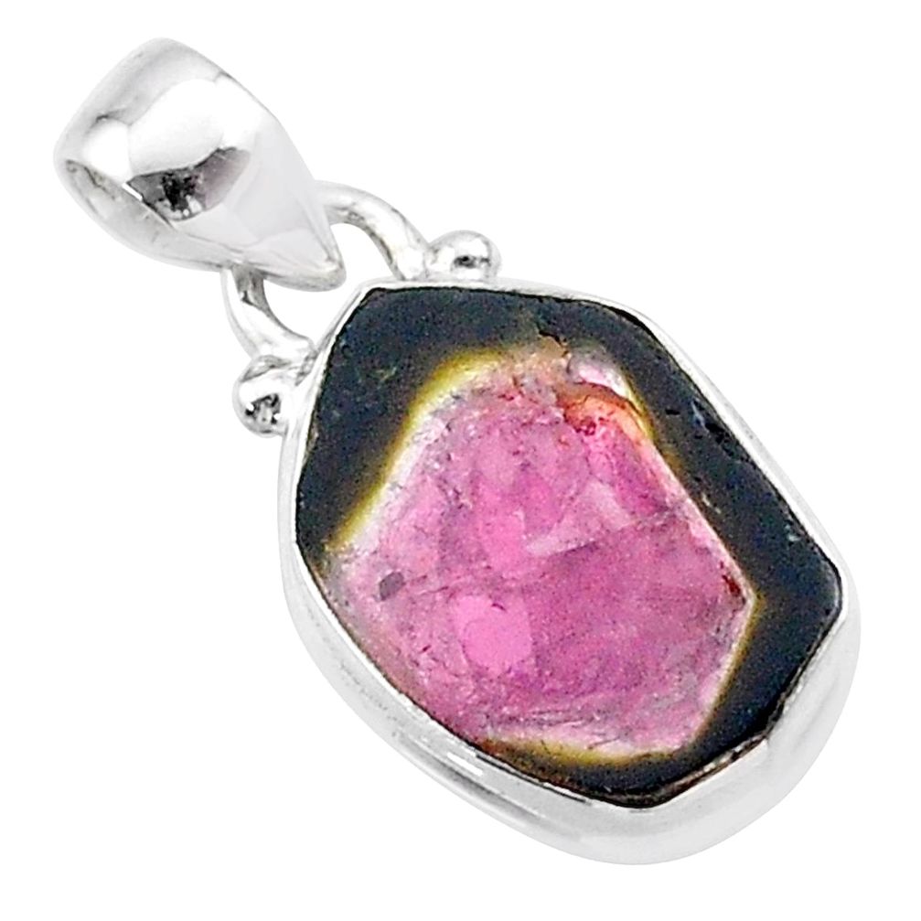 6.95cts natural watermelon tourmaline slice 925 sterling silver pendant t46364