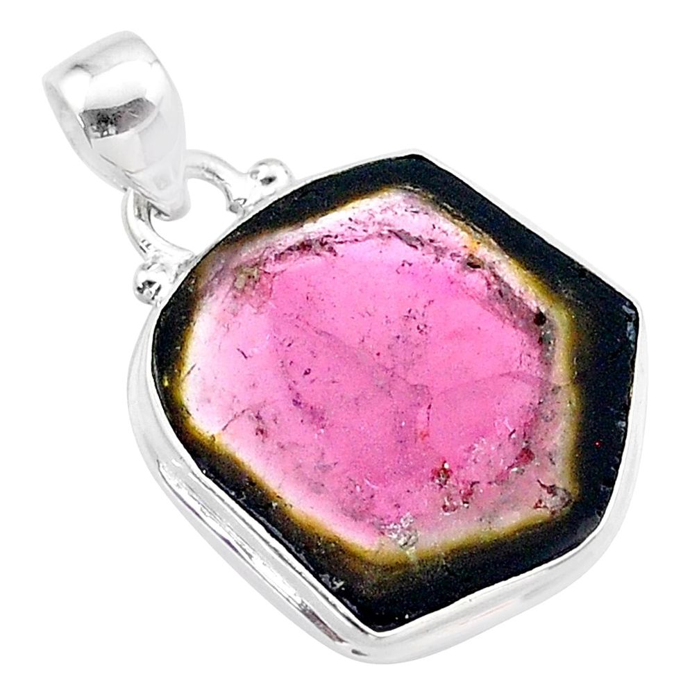 11.73cts natural watermelon tourmaline slice 925 sterling silver pendant t46366