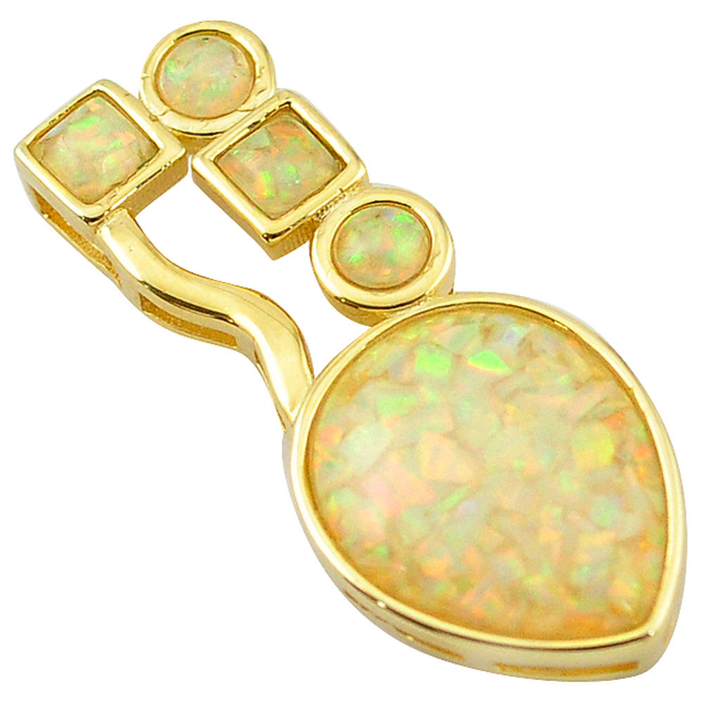 Natural white australian opal (lab) 925 silver 14k gold pendant a60925 c15221