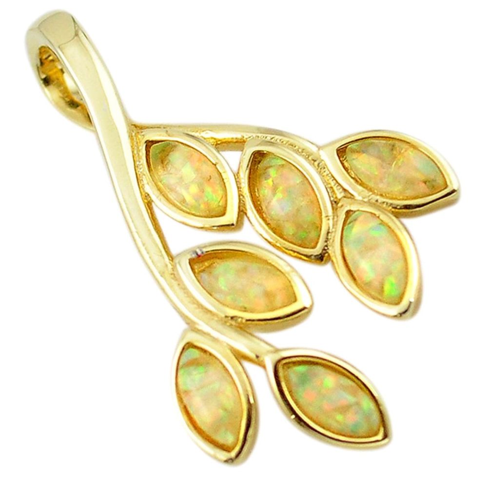 Natural white australian opal (lab) 925 silver 14k gold pendant a60979 c15215