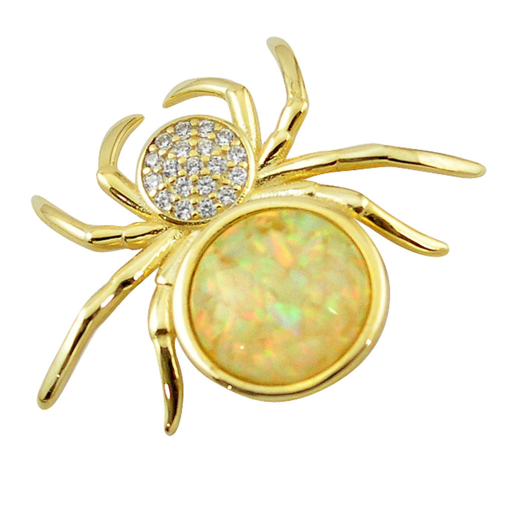 Natural white australian opal (lab) silver 14k gold spider pendant a60885 c15443