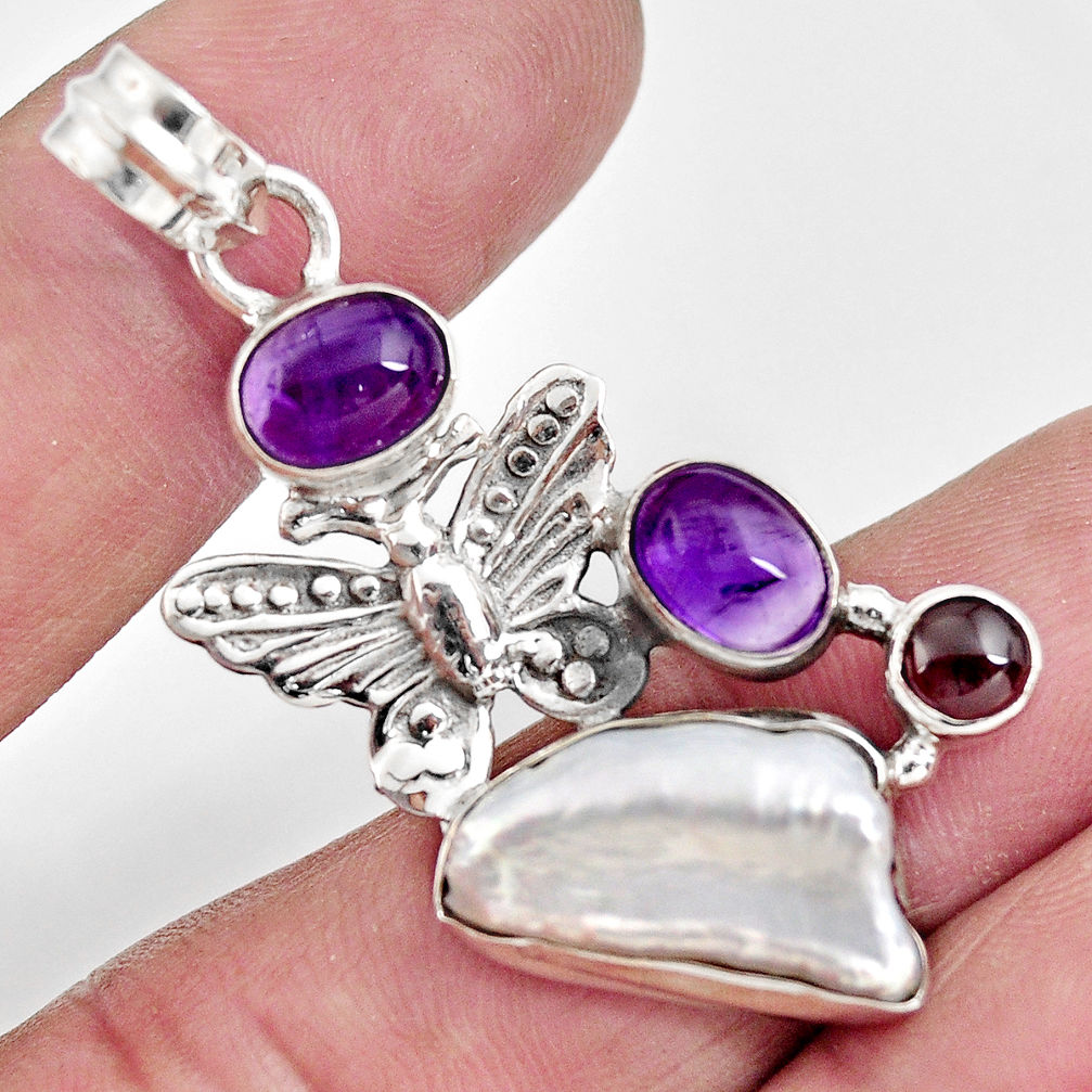 12.29cts natural white biwa pearl amethyst 925 silver butterfly pendant d39434