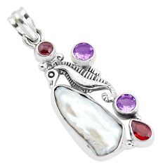 Clearance Sale- 16.17cts natural white biwa pearl amethyst 925 silver seahorse pendant p38923