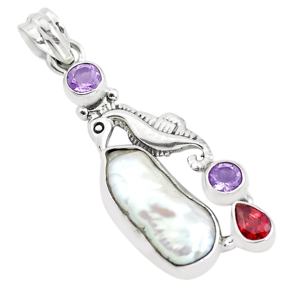  white biwa pearl amethyst 925 silver seahorse pendant p38931