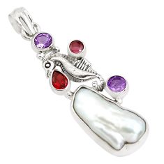 Clearance Sale- 18.63cts natural white biwa pearl amethyst 925 silver seahorse pendant p38938