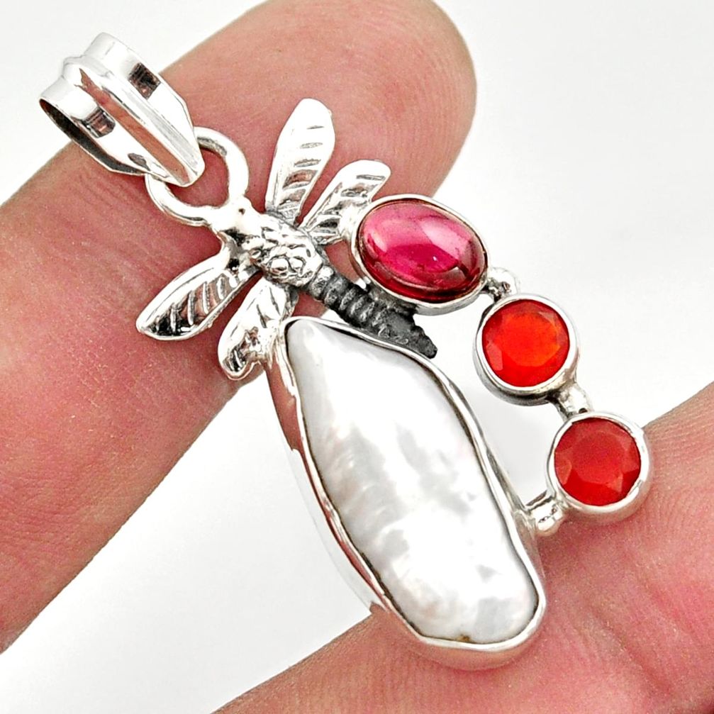 13.71cts natural white biwa pearl cornelian 925 silver dragonfly pendant d47312