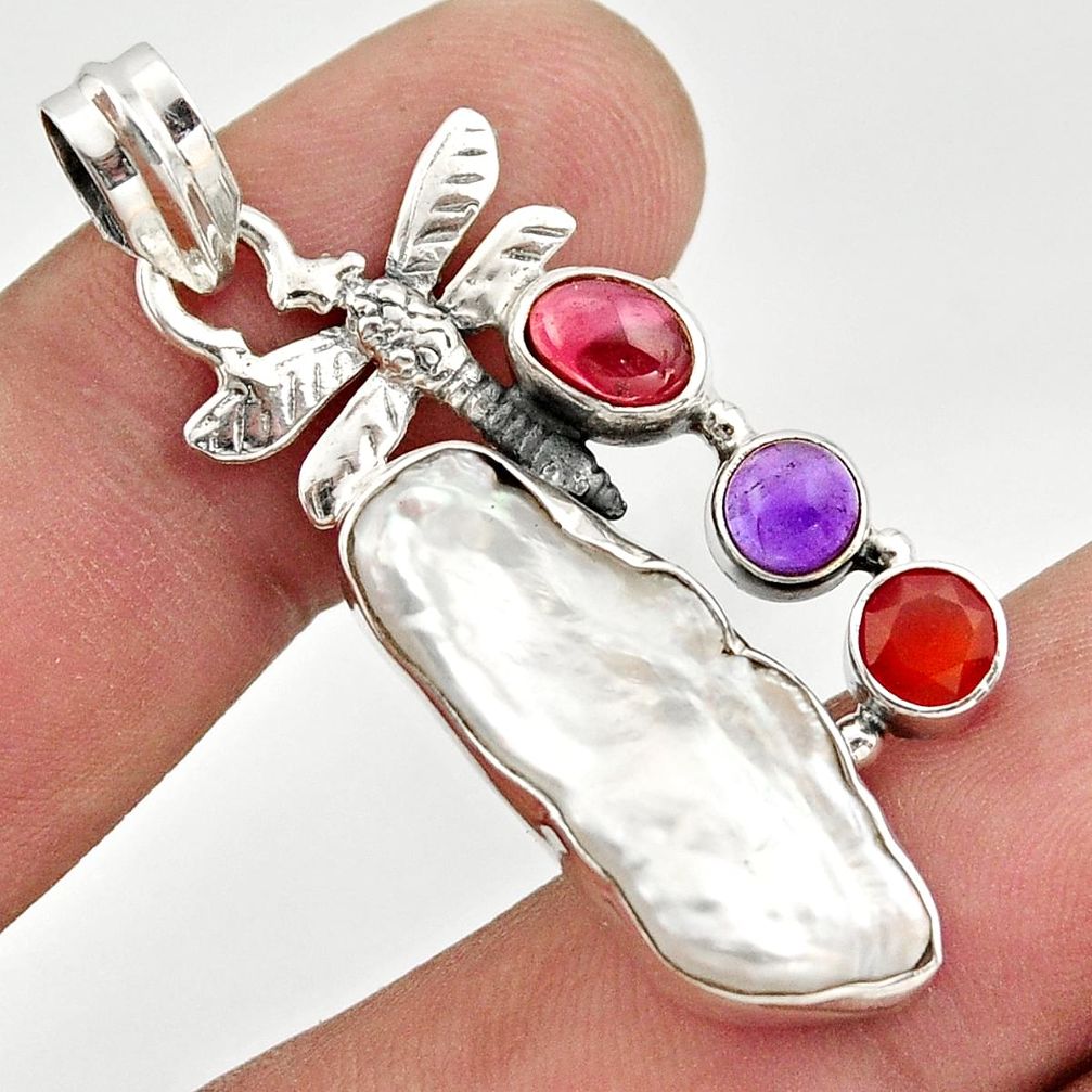 14.26cts natural white biwa pearl cornelian 925 silver dragonfly pendant d47316