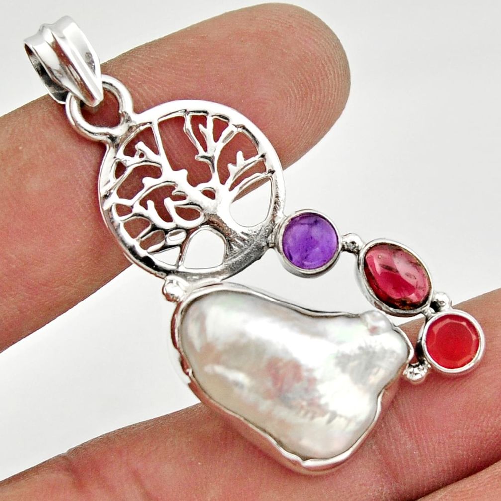 15.31cts natural white biwa pearl cornelian silver tree of life pendant d47338