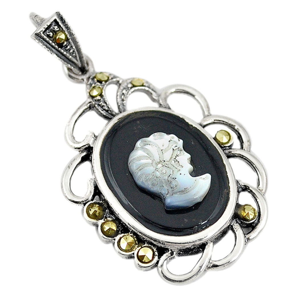 Natural white blister pearl carved lady face marcasite 925 silver pendant c22205