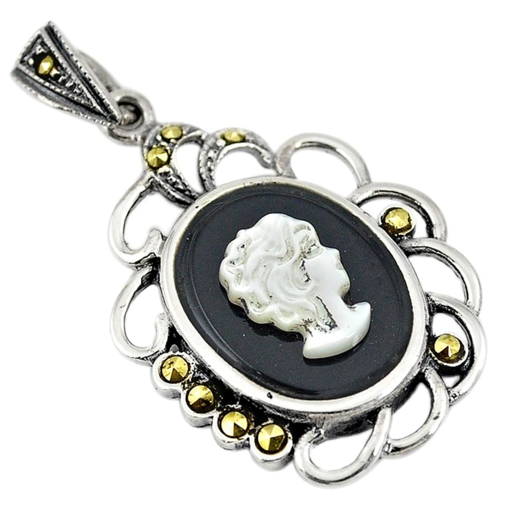 Natural white blister pearl carved lady face marcasite 925 silver pendant c22206