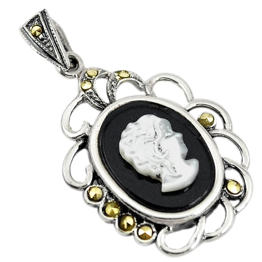Natural white blister pearl carved lady face marcasite 925 silver pendant c22207