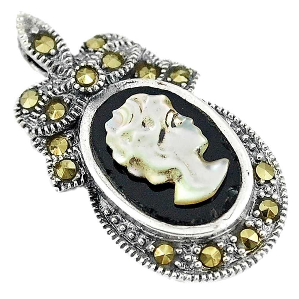 Natural white blister pearl carved lady face marcasite 925 silver pendant c22209