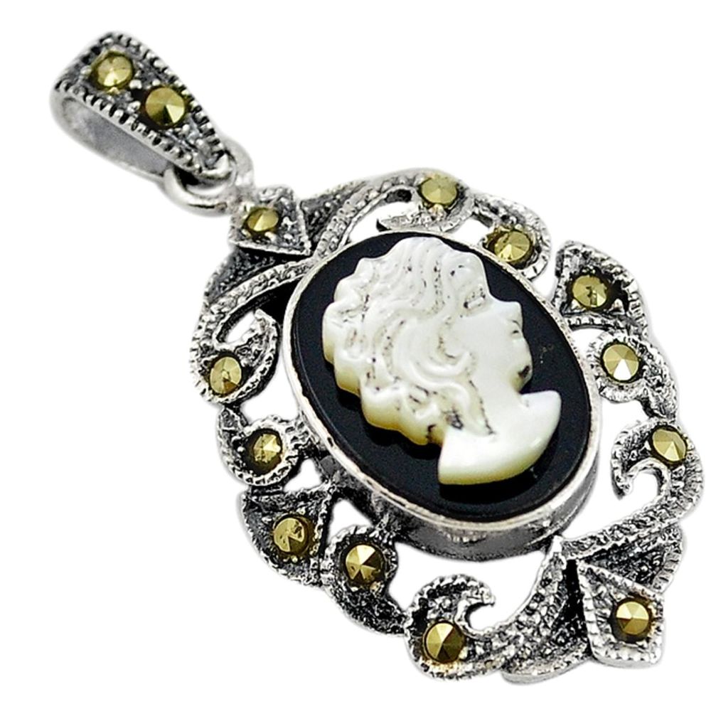 Natural white blister pearl carved lady face marcasite 925 silver pendant c22212