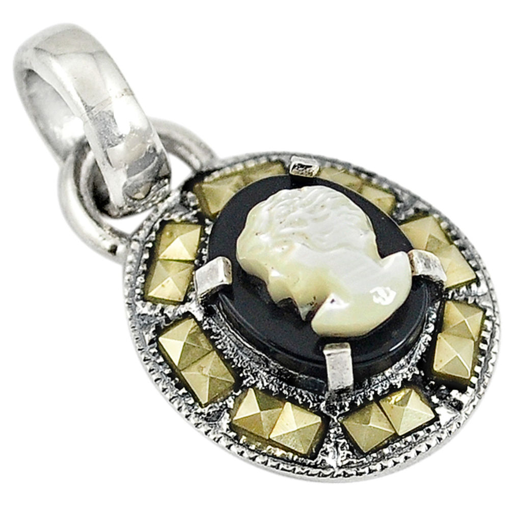 Natural white blister pearl carved lady face marcasite 925 silver pendant c22214