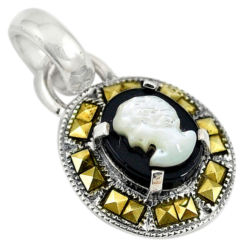 Natural white blister pearl carved lady face marcasite 925 silver pendant c22219